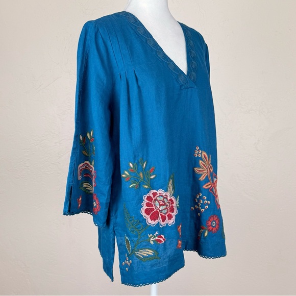 Johnny Was Messine V-Neck Top w/ Side Slits in Teal Floral Embroidered Linen S - Picture 3 of 15